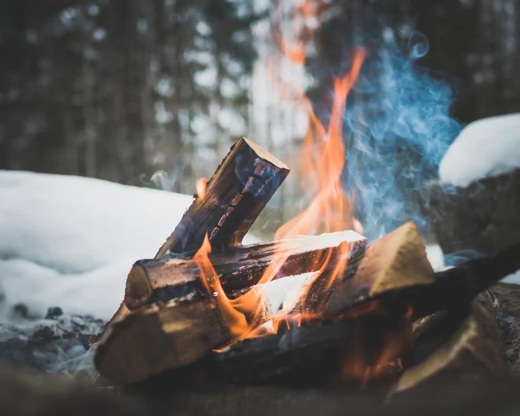 A close-up of a roaring campfire with logs burning, keeping the cold at bay.